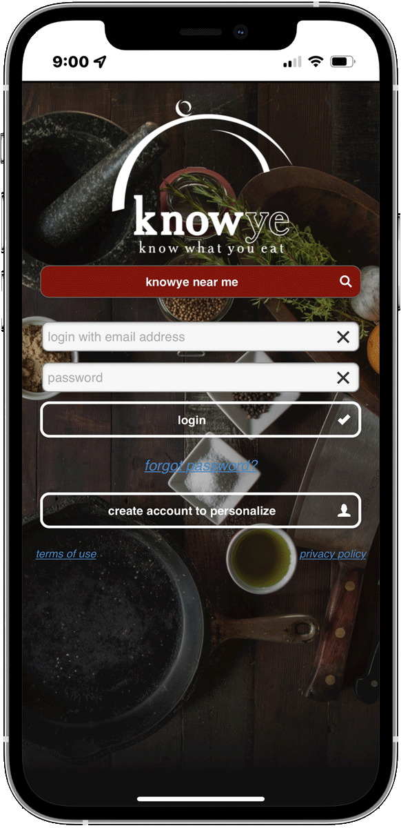 knowye app - login screen